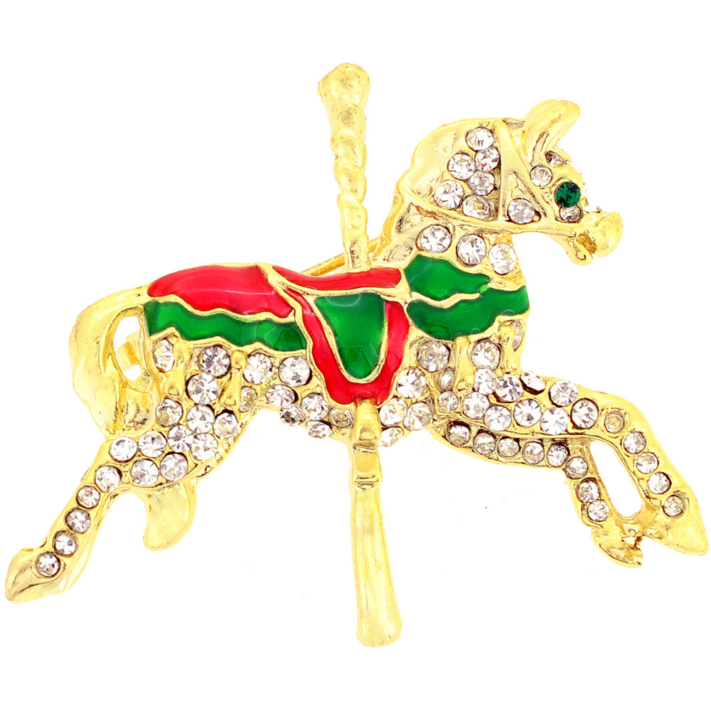Golden Carrousel Horse Crystal Pin Brooch