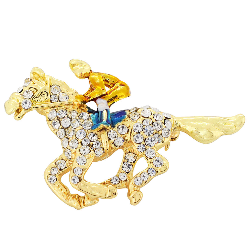 Golden Horse Racing Crystal Brooch Pin