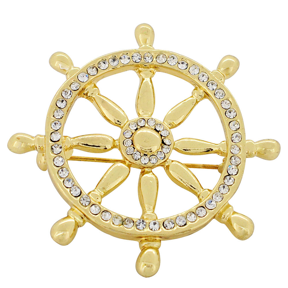 Golden Ships Wheel Crystal Brooch Pin