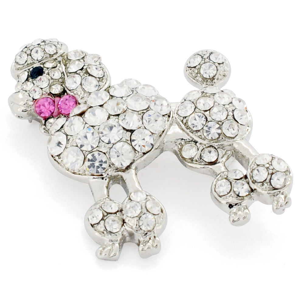 Chrome Poodle Dog With Pink Bow Crystal Brooch Pin