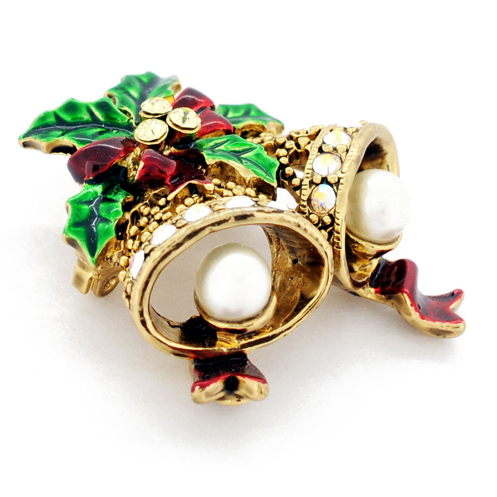 Golden Christmas Bell Swarovski Crystal Pin Broach And Pendant
