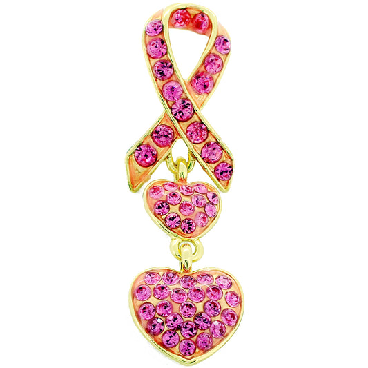 Golden Pink Ribbon Heart Crystal Lapel Pin