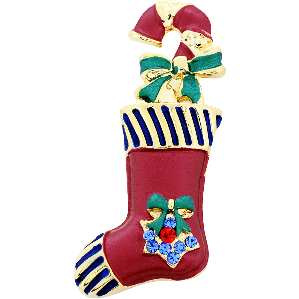 Christmas Stocking with Candy Cane Swarovski Crystal Pin Brooch