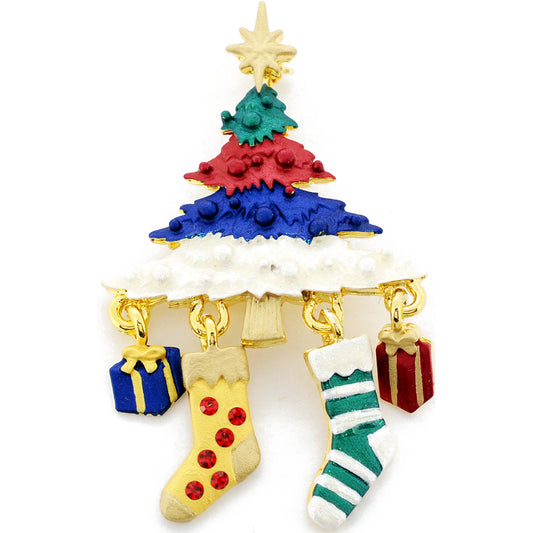 Multicolor Christmas Tree Stocking Swarovski Crystal Brooches Pins
