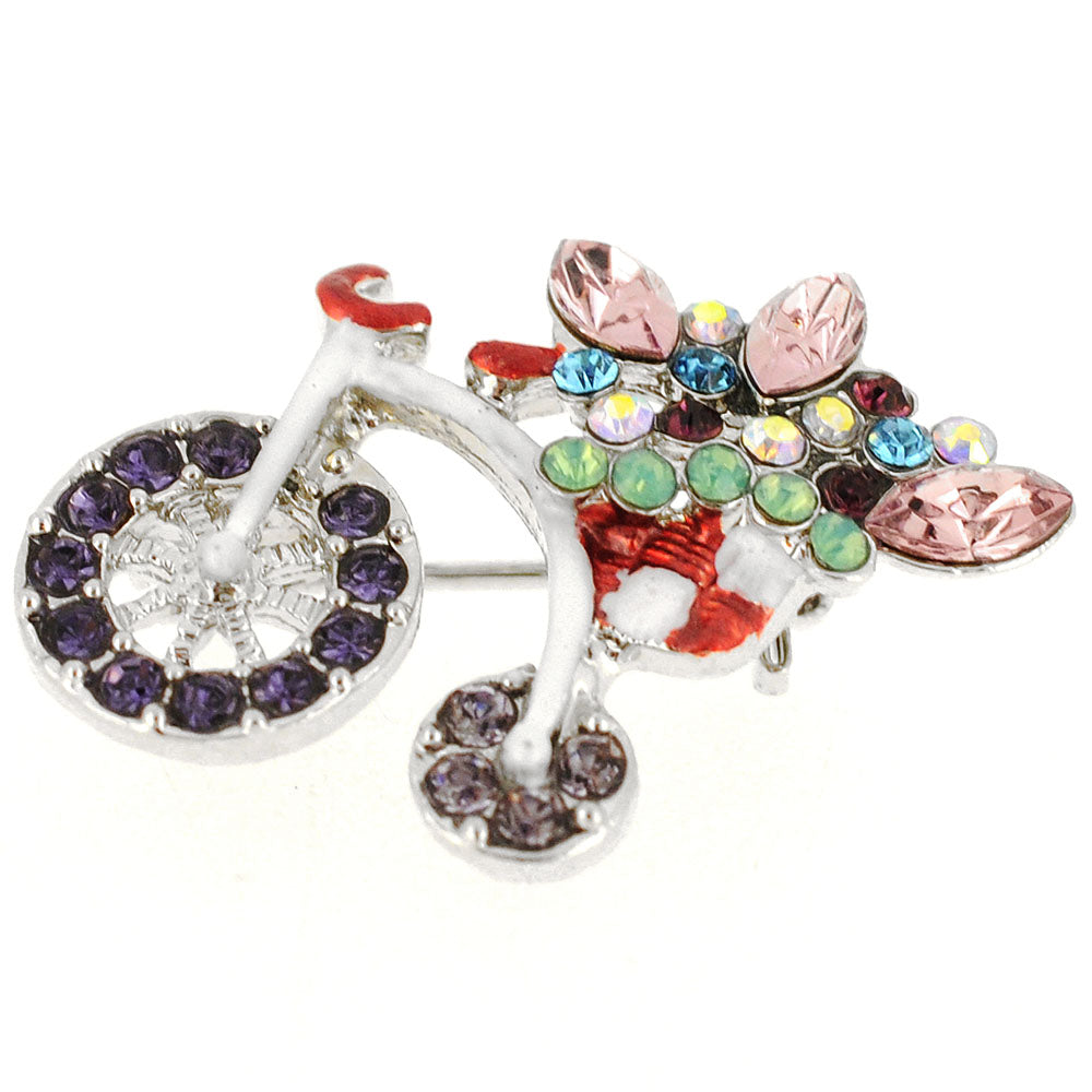 Purple Penny-farthing With Flower Basket Crystal Bicycle Pin Brooch