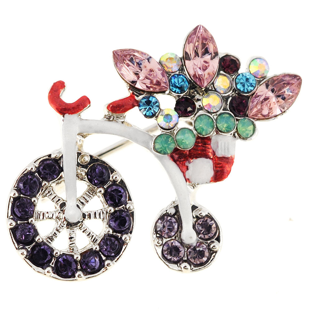 Purple Penny-farthing With Flower Basket Crystal Bicycle Pin Brooch
