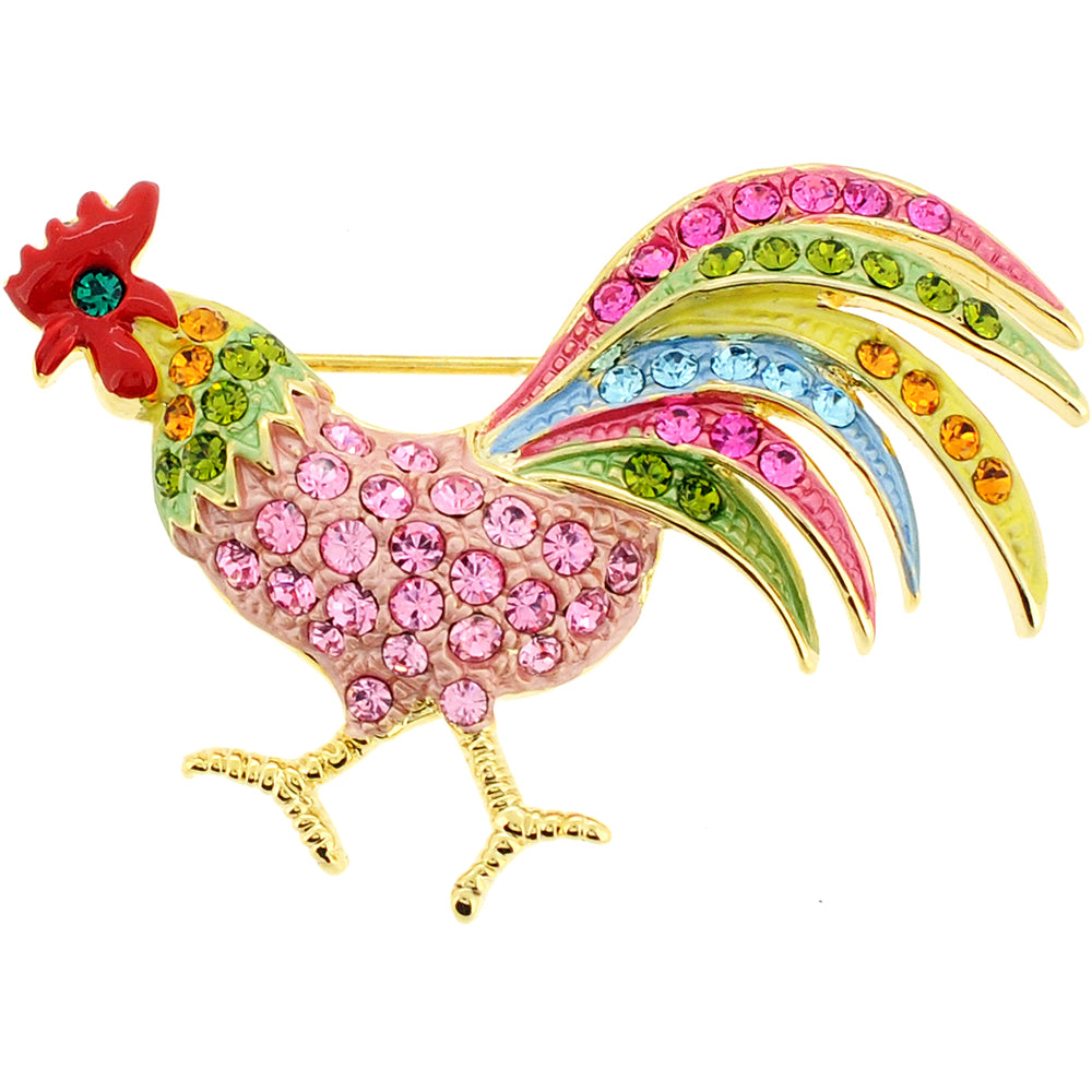 Multicolor Rooster Crystal Pin Brooch