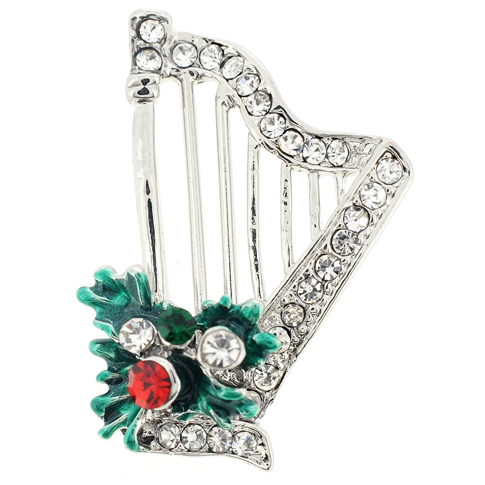 Chrome Christmas Mistletoe Harp Crystal Lapel Pin