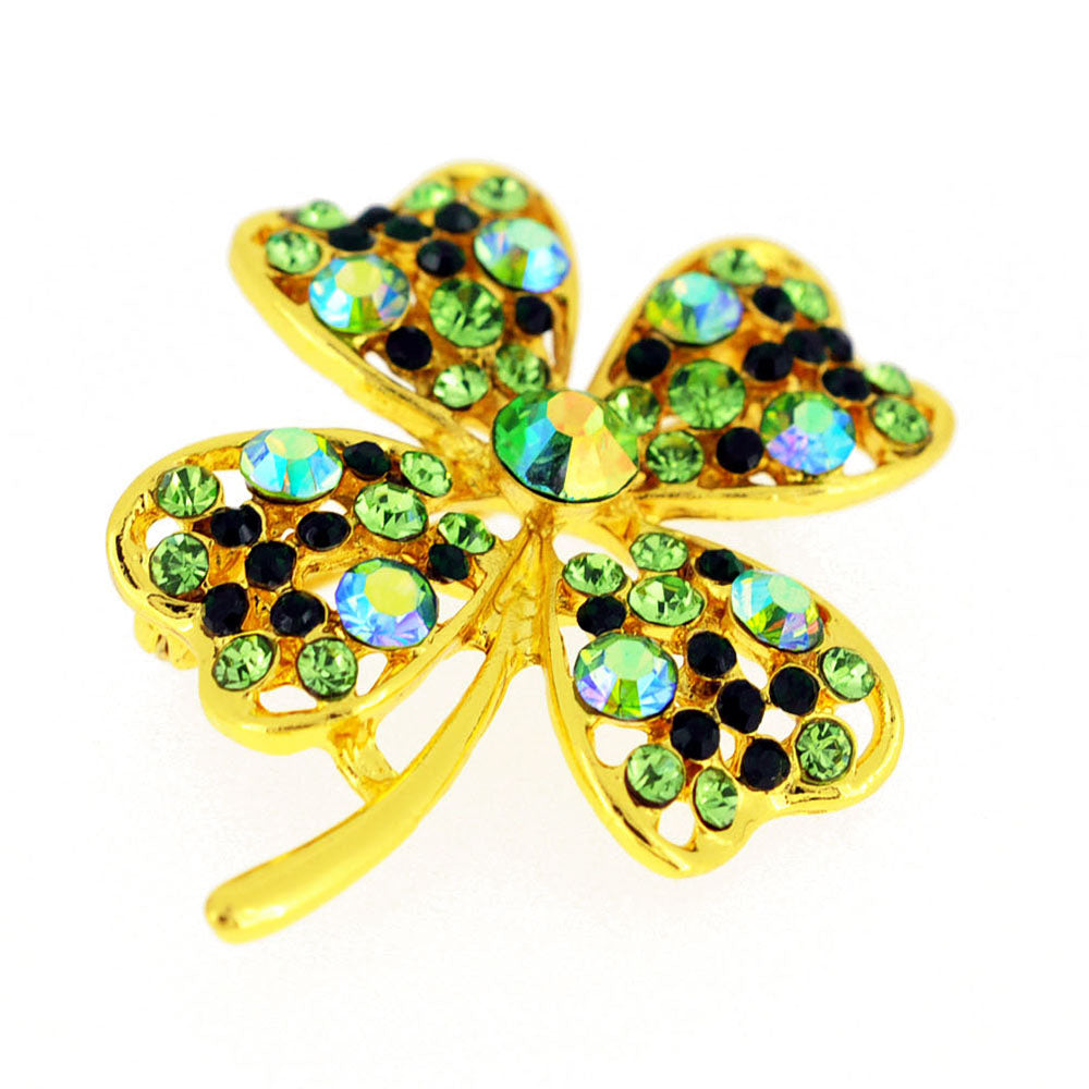 Multi Green Lucky 4 Leaf Clover Flower Crystal Pin Brooch