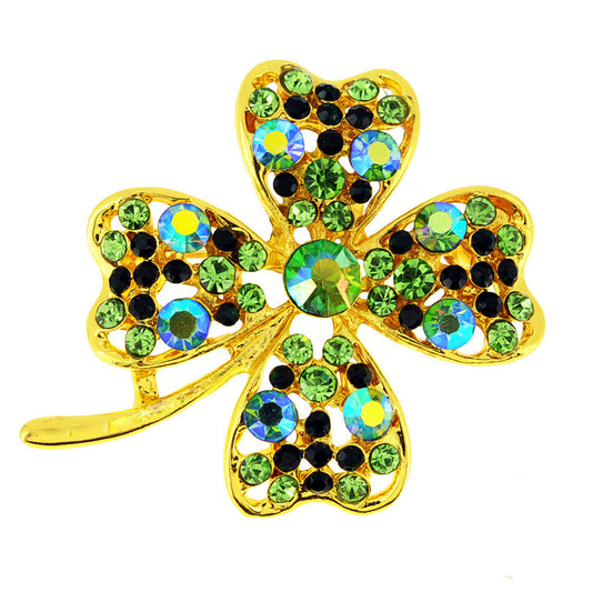 Multi Green Lucky 4 Leaf Clover Flower Crystal Pin Brooch