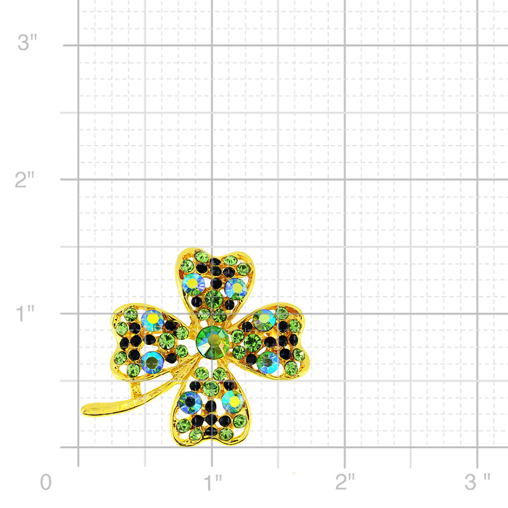 Multi Green Lucky 4 Leaf Clover Flower Crystal Pin Brooch