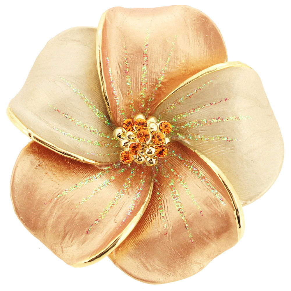 Golden Brown Hawaiian Plumeria Swarovski Crystal Flower Brooch And Pendant