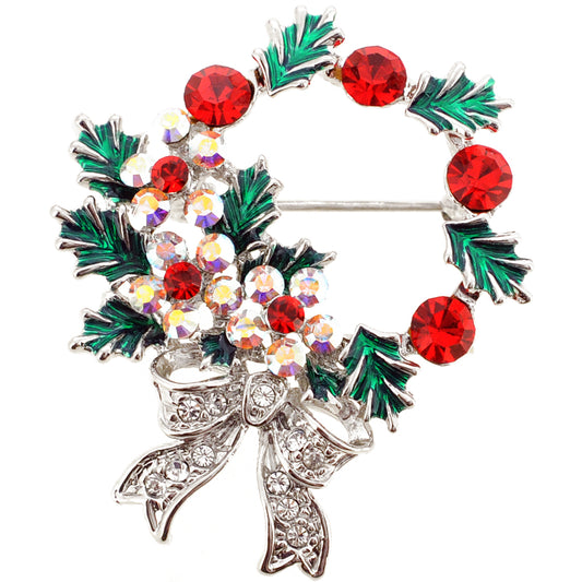 Multicolor Christmas Wreath Crystal Brooch Pin