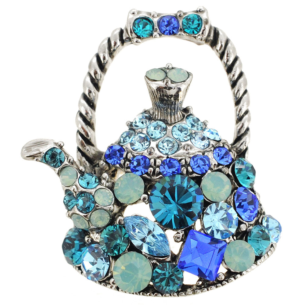 Blue Tea Kettle Crystal Pin Brooch