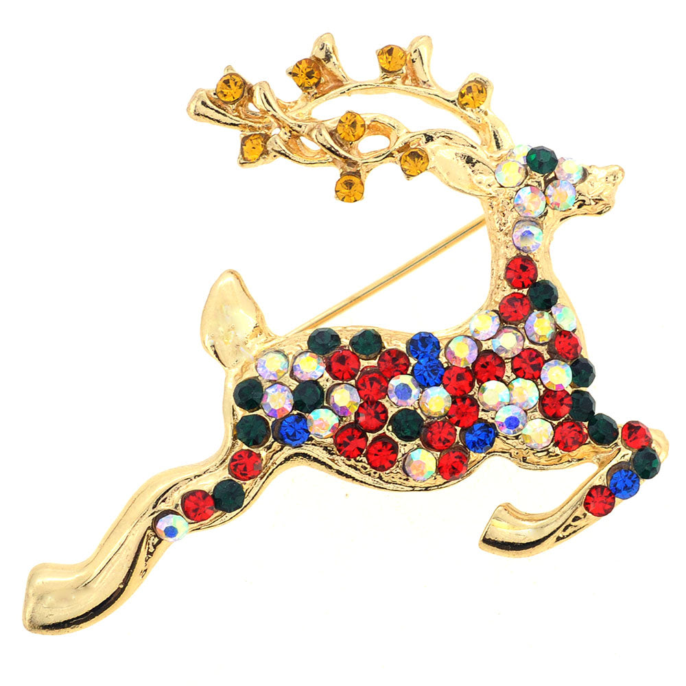 Multicolor Christmas Reindeer Swarovski Crystal Pin Brooch