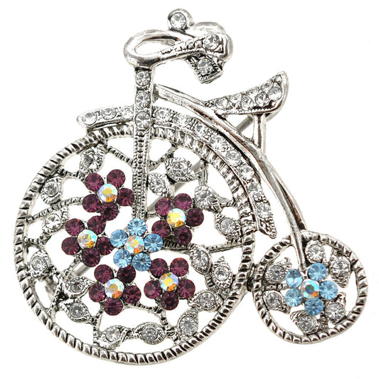 Silver Penny-farthing Crystal Bicycle Pin Brooch