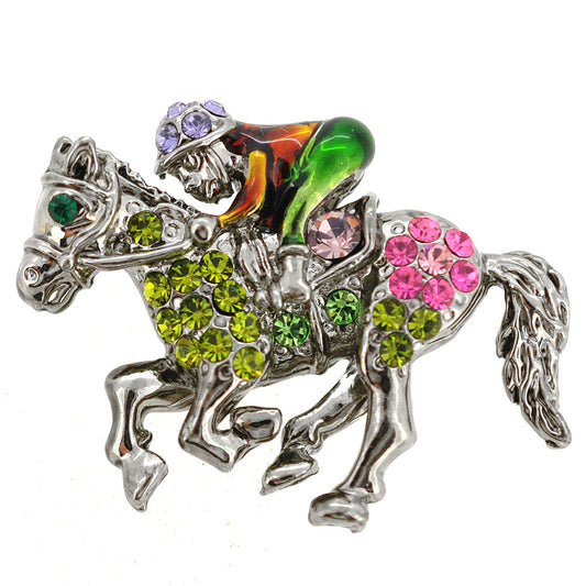 Silver Race Horse Racing Crystal Brooch Pin