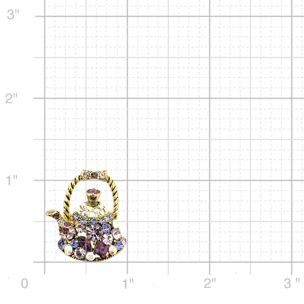Purple Tea Kettle Crystal Pin Brooch