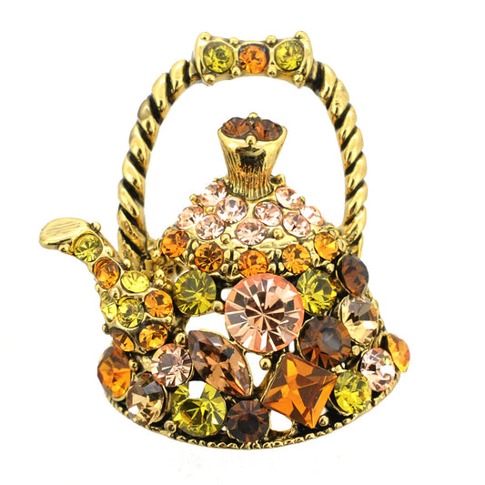 Yellow Tea Kettle Crystal Pin Brooch