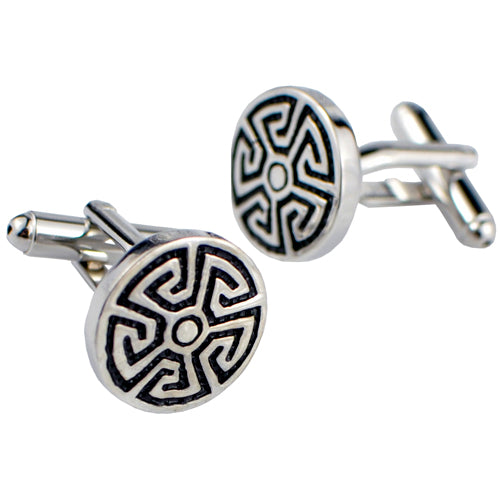Black and Silver Greek Carved Round Cufflinks