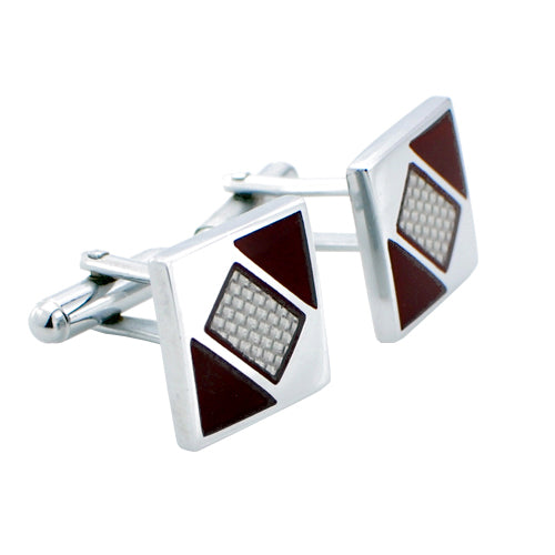 Silver Fiber Square and Red  Enamel Cufflinks