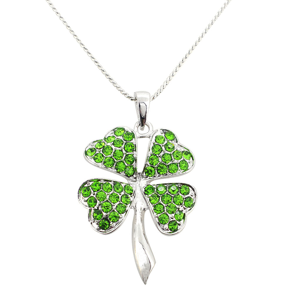 Green Crystal Lucky 4 Leaf Clover Flower Pendant