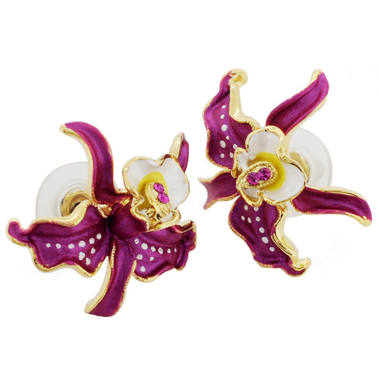 Fuchsia Orchid With White Spots Swarovski Crystal Flower Earrings