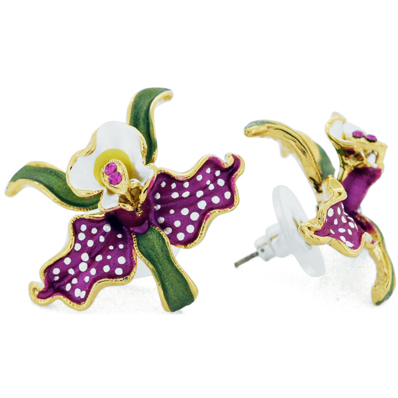 Fuchsia Orchid With White Spots And Green Leaves Swarovski Crystal Flower Earrings