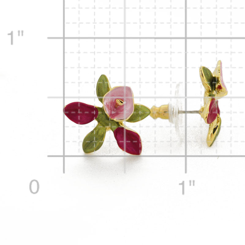 Fuchsia Orchid With Green Leaves Flower Earrings