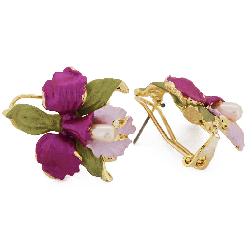 Fuchsia Pink Orchid With Pearl Flower Earrings