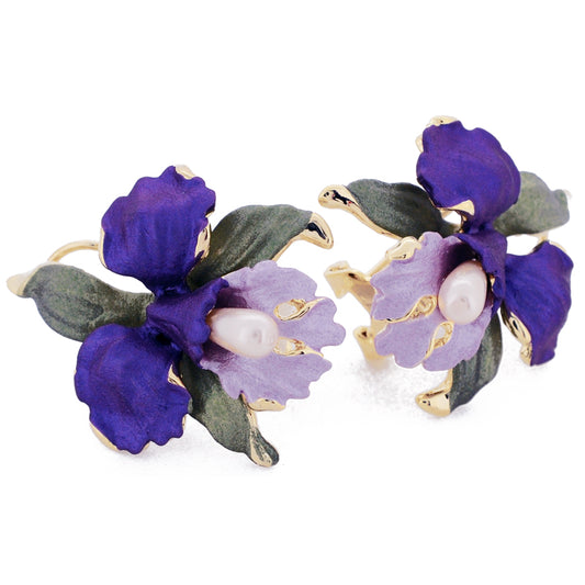 Purple Orchid With Pearl Flower Earrings