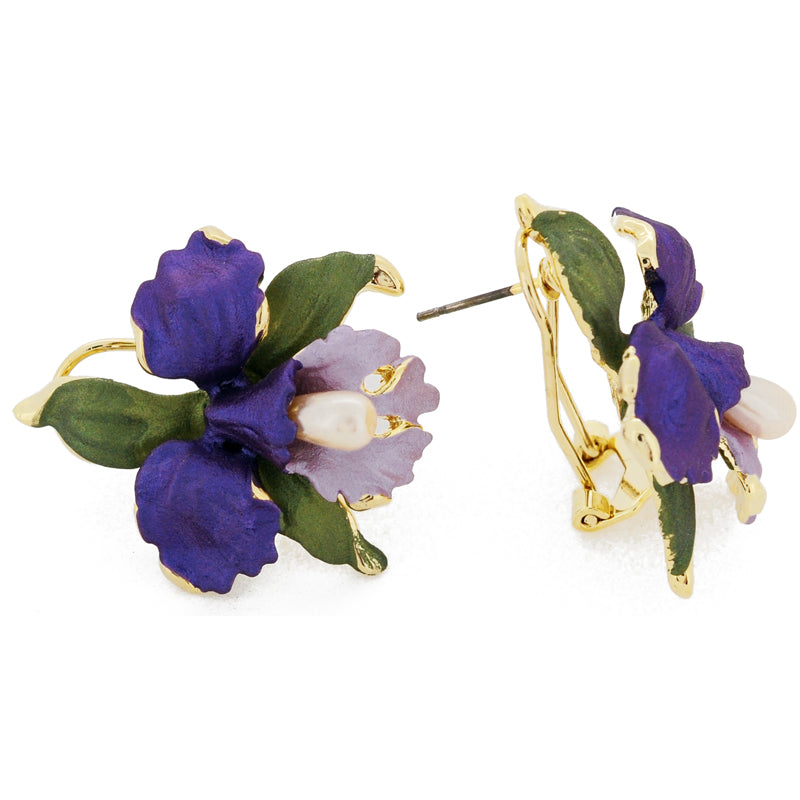 Purple Orchid With Pearl Flower Earrings