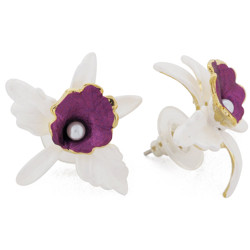 White Orchid Pearl Flower Earrings