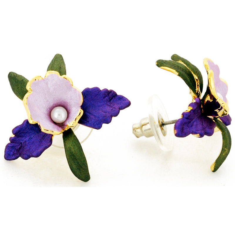 Purple Orchid Pearl Flower Earrings