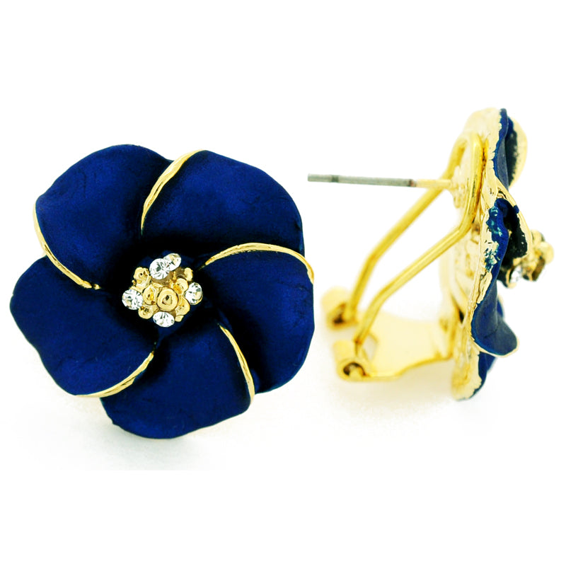 Navy Blue Hawaiian Plumeria Swarovski Crystal Flower Earrings