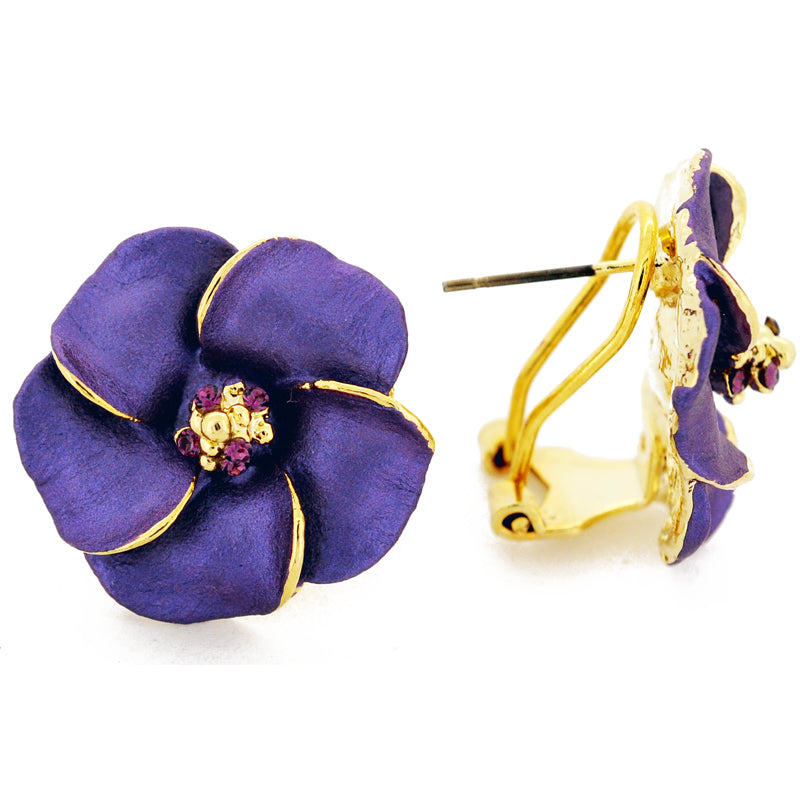 Purple Hawaiian Plumeria Swarovski Crystal Flower Earrings