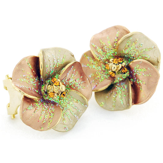 Golden Brown Hawaiian Plumeria Swarovski Crystal Flower Earrings