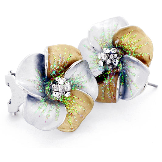 Silver and Gold Hawaiian Plumeria Swarovski Crystal Flower Earrings