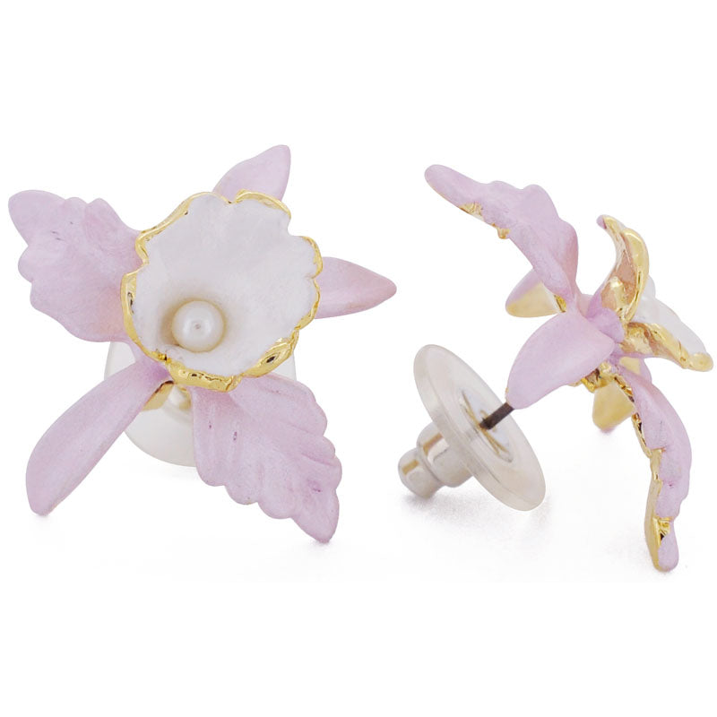 Pink Orchid With Pearl Flower Earrings