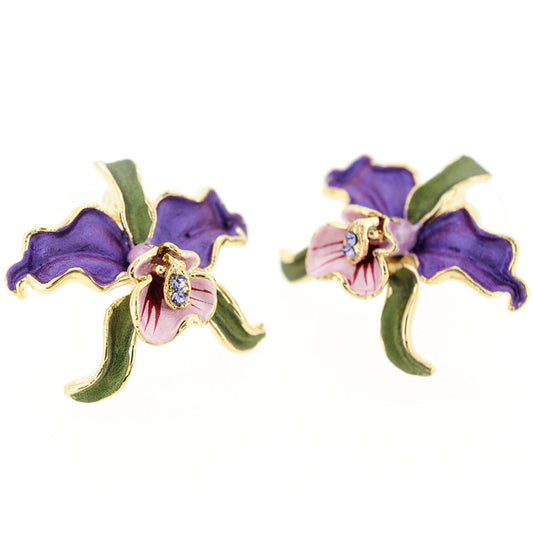 Provence Lavender Purple Orchid With Green Leaves Pierced Flower Earrings