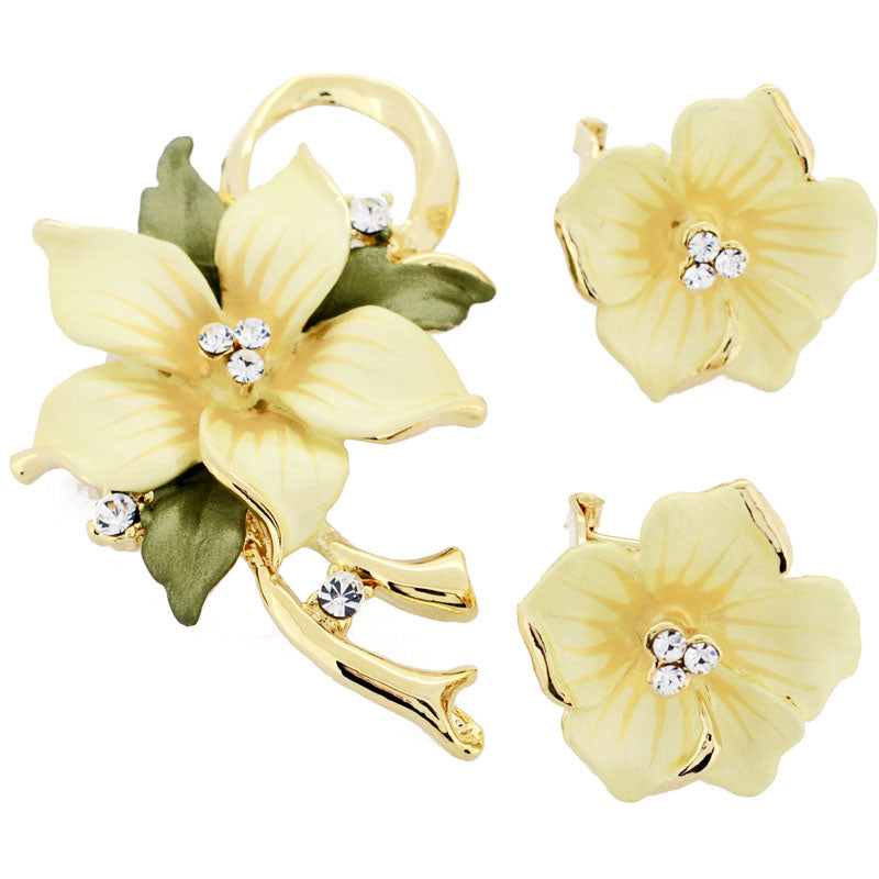 Yellow Poinsettia Swarovski Crystal Flower Pin Brooch And Earrings Gift Set