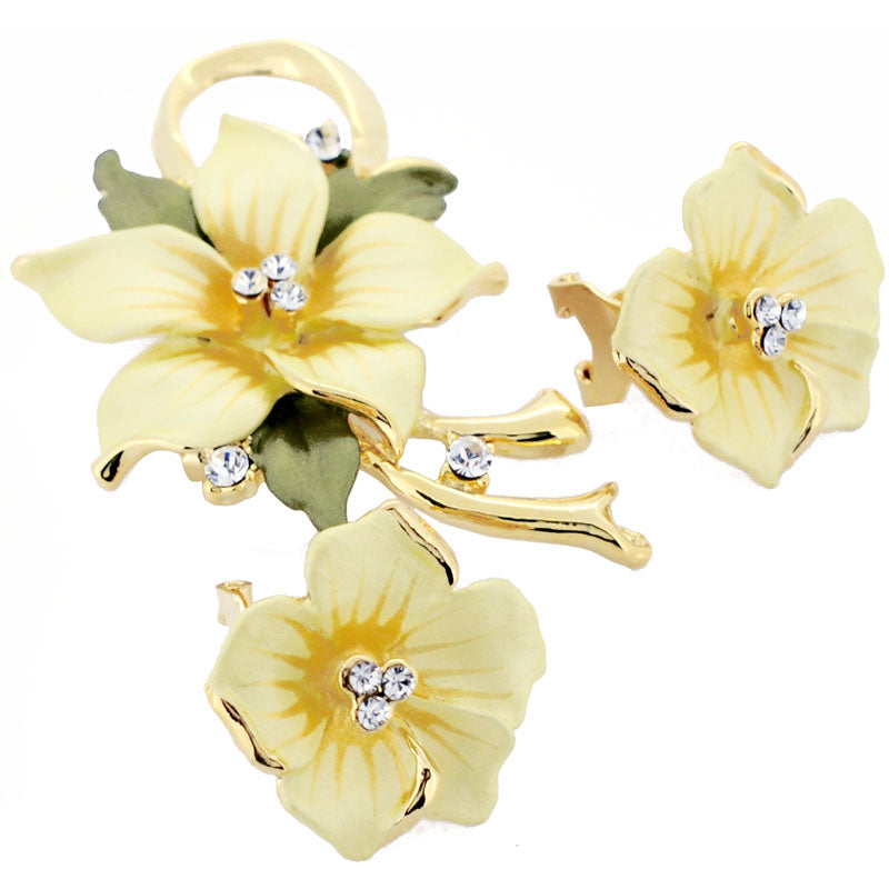 Yellow Poinsettia Swarovski Crystal Flower Pin Brooch And Earrings Gift Set