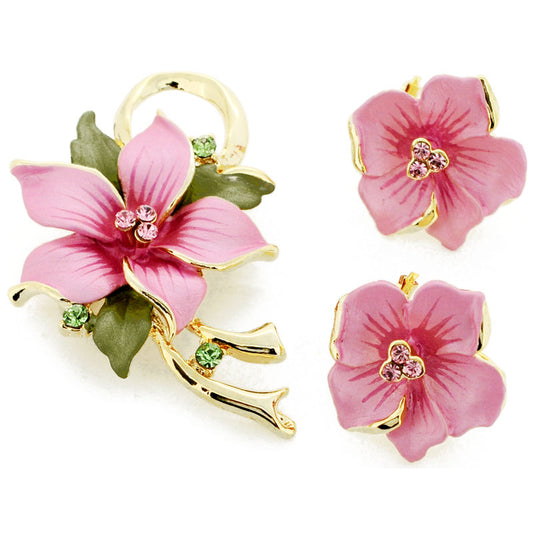 Pink Poinsettia Swarovski Crystal Flower Pin Brooch And Earrings Gift Set