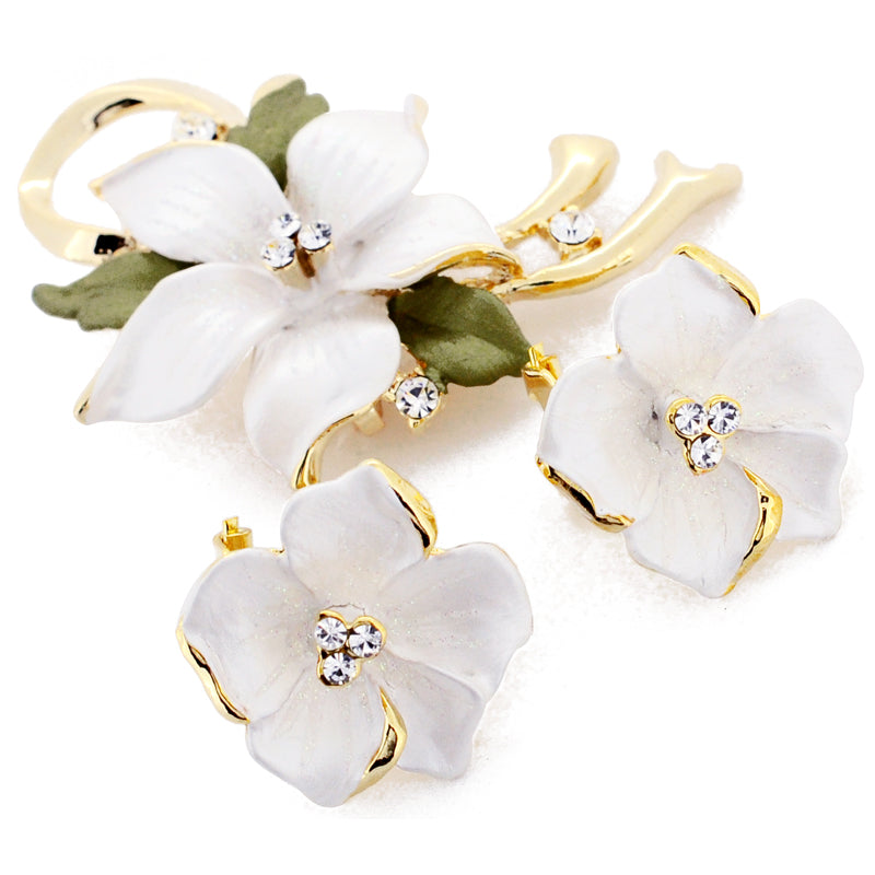 White Poinsettia Flower Swarovski Crystal Flower Pin Brooch And Earrings Gift Set