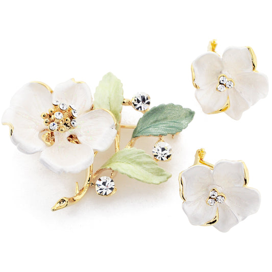 White Hawaiian Hibiscus Swarovski Crystal Flower Pin Brooch And Earrings Gift Set