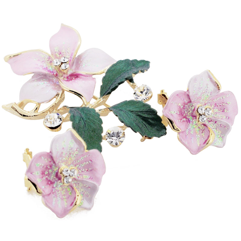 Pink Hawaiian Hibiscus Swarovski Crystal Flower Pin Brooch And Earrings Gift Set