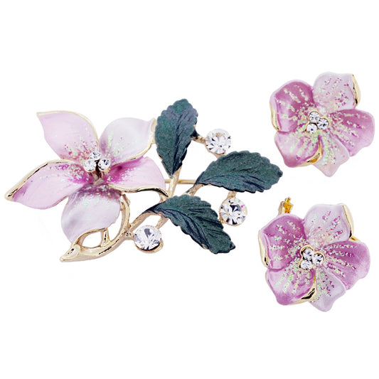 Pink Hawaiian Hibiscus Swarovski Crystal Flower Pin Brooch And Earrings Gift Set