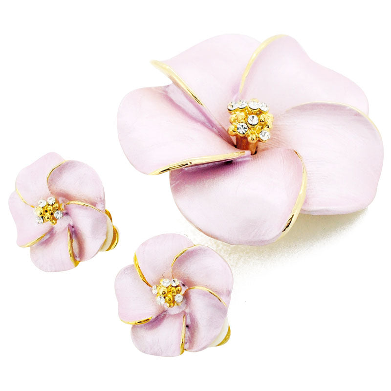 Pink Hawaiian Plumeria Swarovski Crystal Flower Pin Brooch And Earrings Gift Set
