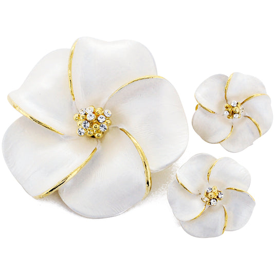 White Hawaiian Plumeria Swarovski Crystal Flower Pin Brooch And Earrings Gift Set