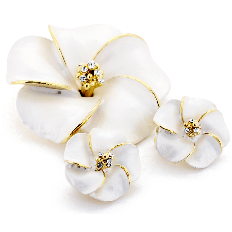 White Hawaiian Plumeria Swarovski Crystal Flower Pin Brooch And Earrings Gift Set